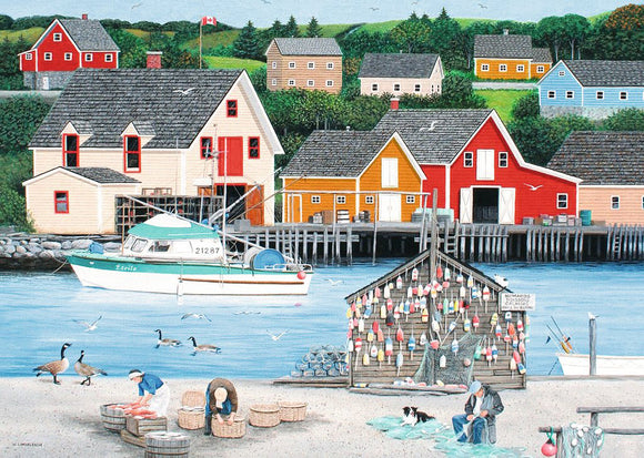 A picturesque jigsaw puzzle titled 'Fisherman's Cove' by Ravensburger, featuring a serene coastal village with colorful houses, a fishing boat, and geese by the water. The scene captures the tranquility of fishing life, showcasing wooden docks and a shed adorned with colorful buoys.