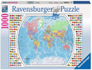 Ravensburger Political World Map jigsaw puzzle featuring a detailed geographical representation of the world. The image shows the vibrant colors of continents and countries, and flags of various nations lining the sides. This 1000-piece puzzle is designed with Ravensburger’s premium Softclick technology for easy assembly and a perfect fit.