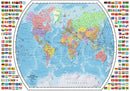 Ravensburger Political World Map jigsaw puzzle featuring a colorful representation of countries and oceans, surrounded by national flags. Ideal for geography enthusiasts and puzzle lovers.