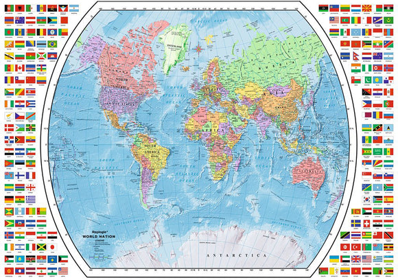 Ravensburger Political World Map jigsaw puzzle featuring a colorful representation of countries and oceans, surrounded by national flags. Ideal for geography enthusiasts and puzzle lovers.