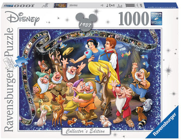 A Ravensburger jigsaw puzzle titled 'Snow White', featuring a colorful illustration of Snow White and her friends. The classic Disney scene includes Snow White, Prince Charming, the seven dwarfs, and various forest animals, all set against a starry background. This 1000-piece premium puzzle showcases vibrant colors and detailed artwork, designed for both children and adults to enjoy assembling.