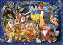 A colorful jigsaw puzzle featuring Snow White and her companions, including the Seven Dwarfs, deer, and various animals, set against a scenic forest background. The artwork captures joyful moments from the classic tale, enhancing the vibrant, enchanting theme.