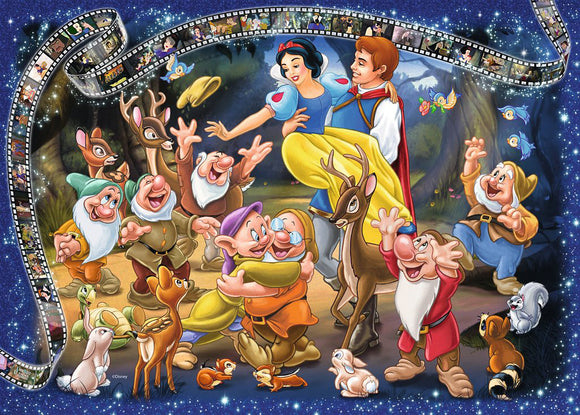 A colorful jigsaw puzzle featuring Snow White and her companions, including the Seven Dwarfs, deer, and various animals, set against a scenic forest background. The artwork captures joyful moments from the classic tale, enhancing the vibrant, enchanting theme.