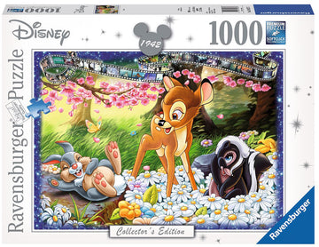 Box of the Ravensburger Bambi Jigsaw Puzzle featuring a vibrant, colorful illustration of Bambi with his friends, surrounded by daisies and cherry blossoms. The design is playful and nostalgic, showcasing the classic Disney film with soft click technology for easy assembly. The puzzle includes 1000 pieces and is part of a collector's edition.