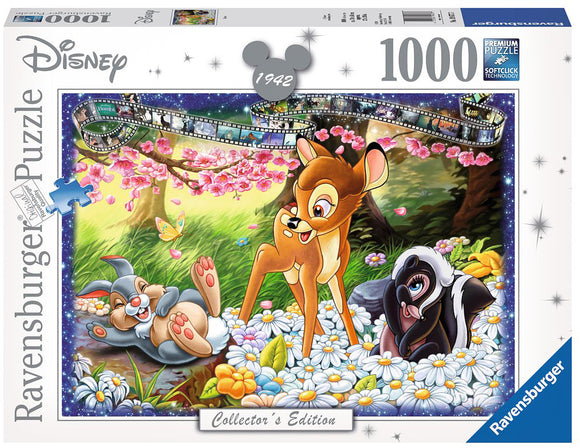 1000-piece jigsaw puzzle featuring Disney's Bambi, showcasing a vibrant scene with Bambi, Thumper, and Flower among colorful flowers and trees, designed by Ravensburger.