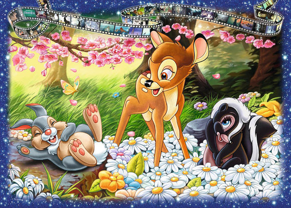 Vibrant jigsaw puzzle featuring Bambi, a young deer, surrounded by his friends Thumper the rabbit and Flower the skunk. They are playing in a lush, floral meadow filled with daisies under a picturesque tree. Soft pink blossoms punctuate the scenery, creating a cheerful and enchanting atmosphere reminiscent of a classic animated film.