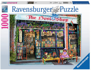 Ravensburger jigsaw puzzle featuring 'The Bookshop.' The image showcases a charming bookstore front adorned with colorful books, vibrant flowers, and a child relaxed on a bench with a pet dog. Perfect for puzzle enthusiasts.