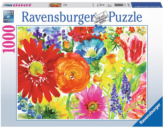 The Abundant Blooms jigsaw puzzle features a vibrant and colorful illustration of various flowers including red gerbera daisies, orange ranunculus, purple irises, and more. It is a 1000-piece puzzle designed by Ravensburger, showcasing intricate details and a rich palette that captures the essence of blooming gardens. Ideal for puzzle enthusiasts looking for a challenging and visually appealing experience.