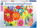 The Ravensburger Abundant Blooms 1000 piece jigsaw puzzle features a vibrant watercolor design filled with various flowers in a bright and colorful arrangement. The packaging showcases a beautiful floral pattern, highlighting the intricate details of the blossoms and leaves, perfect for puzzle enthusiasts and nature lovers alike.