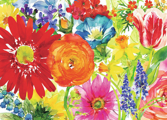 A vibrant jigsaw puzzle featuring an array of colorful flowers. The design includes red gerbera daisies, orange ranunculus, bluebells, yellow daffodils, and various other floral blooms, set against a bright, white background. Perfect for flower lovers and puzzle enthusiasts.