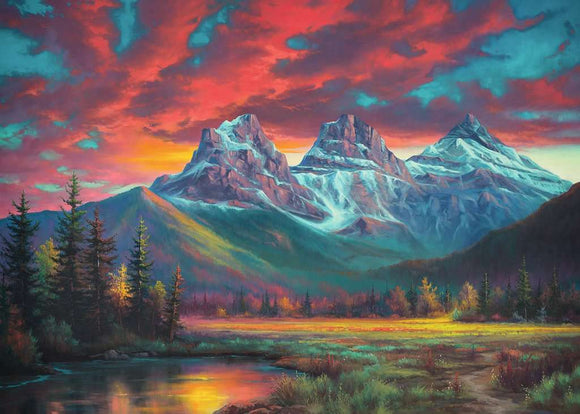 A beautifully illustrated jigsaw puzzle titled 'Alberta's Three Sisters' by Ravensburger, showcasing a stunning landscape of mountains at sunset, surrounded by colorful foliage and a serene river, perfect for puzzle enthusiasts.
