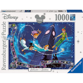 A Ravensburger jigsaw puzzle featuring a vibrant illustration of Peter Pan, Wendy, John, and Michael flying over London, with Big Ben in the background. The artwork showcases a magical night sky filled with stars and playful colors, capturing the essence of Disney's classic tale. The puzzle contains 1000 pieces and is part of a collector's edition.