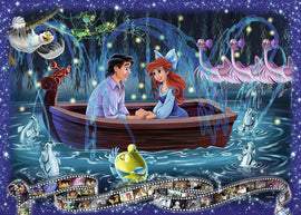 A colorful jigsaw puzzle featuring characters from the Little Mermaid. Ariel and Prince Eric are seated in a boat, surrounded by magical waters and playful sea creatures like Sebastian the crab and Flounder the fish. The background is filled with glowing lights and lush greenery, creating an enchanting atmosphere reminiscent of the animated film.
