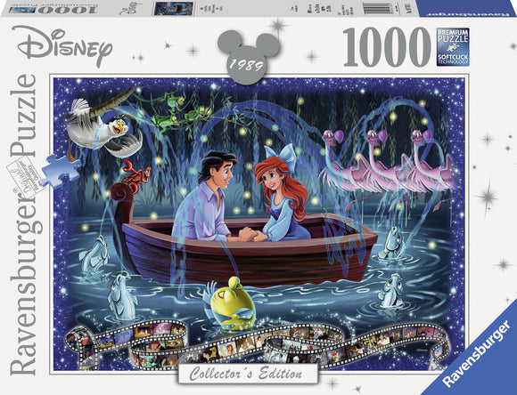 Ravensburger Little Mermaid jigsaw puzzle featuring Ariel and Prince Eric in a boat surrounded by magical creatures. The night sky sparkles with stars while various underwater characters peek out of the water, including fish and seagulls. The puzzle is a colorful depiction from the classic Disney movie, complete with premium quality pieces and collector's edition branding.