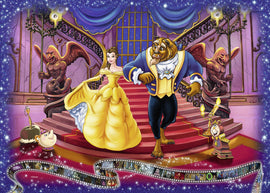 A whimsical jigsaw puzzle featuring characters from Disney's Beauty and the Beast. Belle, in a stunning yellow gown, gracefully walks with the Beast down a grand staircase. The background showcases ornate decor, including statues and magical elements, creating a charming scene from the beloved animated film. Perfect for fans of Disney and puzzle enthusiasts.