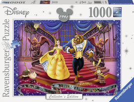 Ravensburger Beauty and the Beast jigsaw puzzle featuring Belle in her iconic yellow gown, the Beast in royal attire, and beloved characters like Lumière and Cogsworth, set in a beautifully illustrated castle scene. The puzzle includes 1000 premium pieces and is part of a collector's edition, highlighting rich colors and enchanting details from the Disney classic.