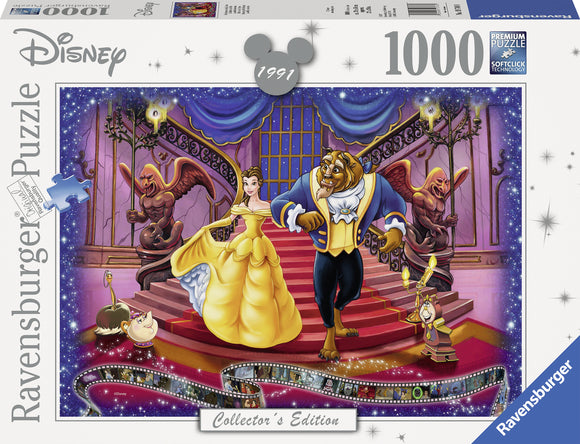 Ravensburger Beauty and the Beast jigsaw puzzle featuring Belle in her iconic yellow gown, the Beast in royal attire, and beloved characters like Lumière and Cogsworth, set in a beautifully illustrated castle scene. The puzzle includes 1000 premium pieces and is part of a collector's edition, highlighting rich colors and enchanting details from the Disney classic.