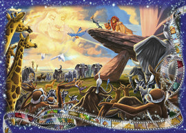 A vibrant jigsaw puzzle featuring characters and scenes from The Lion King. The artwork includes Simba, Nala, and other animals in a colorful savannah landscape, framed by a film strip showcasing iconic moments from the movie.