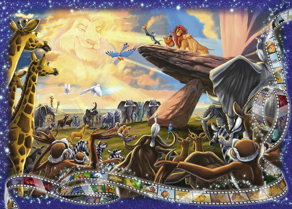 A vibrant jigsaw puzzle featuring characters and scenes from The Lion King. The artwork includes Simba, Nala, and other animals in a colorful savannah landscape, framed by a film strip showcasing iconic moments from the movie.