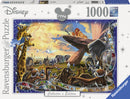 Ravensburger's The Lion King jigsaw puzzle, featuring vibrant artwork of iconic characters against a majestic African landscape. This 1000-piece puzzle captures scenes from the beloved Disney film, making it perfect for fans and collectors. The box showcases premium quality and 'Softclick Technology' for a seamless puzzle experience.