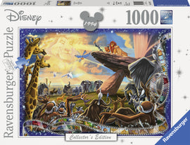 Ravensburger's The Lion King jigsaw puzzle, featuring vibrant artwork of iconic characters against a majestic African landscape. This 1000-piece puzzle captures scenes from the beloved Disney film, making it perfect for fans and collectors. The box showcases premium quality and 'Softclick Technology' for a seamless puzzle experience.