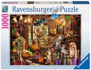 Merlin's Laboratory jigsaw puzzle by Ravensburger featuring a detailed and colorful scene of a wizard's lab filled with magical artifacts, including owls, cats, potion bottles, and celestial globes. The puzzle contains 1000 pieces and uses premium soft-click technology for a seamless fit.