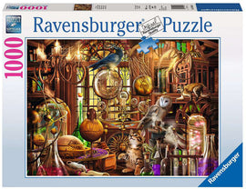 Merlin's Laboratory jigsaw puzzle by Ravensburger featuring a detailed and colorful scene of a wizard's lab filled with magical artifacts, including owls, cats, potion bottles, and celestial globes. The puzzle contains 1000 pieces and uses premium soft-click technology for a seamless fit.