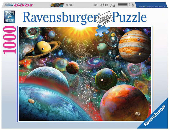Ravensburger jigsaw puzzle titled 'Planetary Vision' featuring a vibrant cosmic scene with various planets, galaxies, and nebulas. This 1000-piece puzzle showcases vivid colors and intricate details in a celestial design, perfect for space enthusiasts and puzzle lovers.