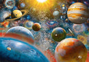 A beautifully illustrated jigsaw puzzle featuring a vibrant and colorful representation of the solar system, with planets like Saturn and Jupiter surrounded by galaxies and stars. The artwork captures the vastness of space, making it an ideal choice for puzzle enthusiasts and space lovers alike.