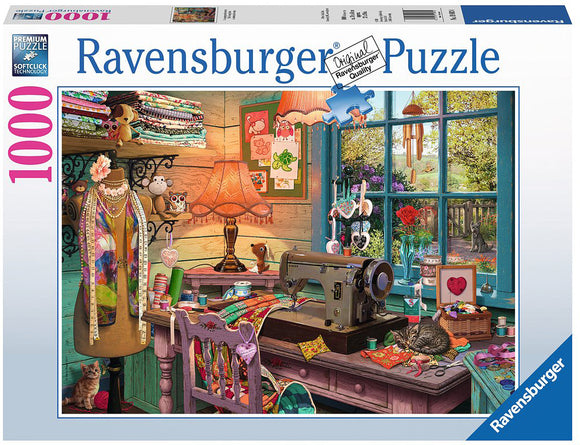 The Sewing Shed jigsaw puzzle by Ravensburger features a cozy sewing space filled with colorful fabrics, a vintage sewing machine, and charming decorations. The scene includes a warm lamp, a wooden table with various crafting supplies, and adorable animals, all set against a large window revealing a sunny garden view. This 1000-piece puzzle promises hours of enjoyable assembly and delightful details.