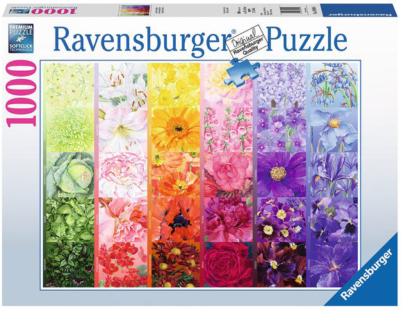 The Gardener's Palette No.1 10 jigsaw puzzle by Ravensburger featuring a vibrant collection of floral images in various colors and styles. The box design highlights sections of the puzzle with intricate illustrations of flowers, offering a visually appealing and engaging experience for puzzle enthusiasts.