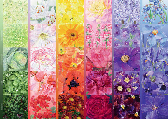 The Gardener's Palette No.1 jigsaw puzzle featuring a vibrant array of flowers and plants depicted in artistic styles, showcasing various colors and textures, perfect for nature lovers and puzzle enthusiasts.