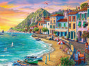 A beautiful jigsaw puzzle titled 'Romantic Sunset' by Ravensburger, depicting a vibrant scene of a coastal village at sunset. The artwork showcases colorful buildings lining a sandy beach, with boats gently bobbing in the turquoise water. Palm trees and flowers embellish the picturesque landscape, while a golden sunset casts a warm glow over the scene.
