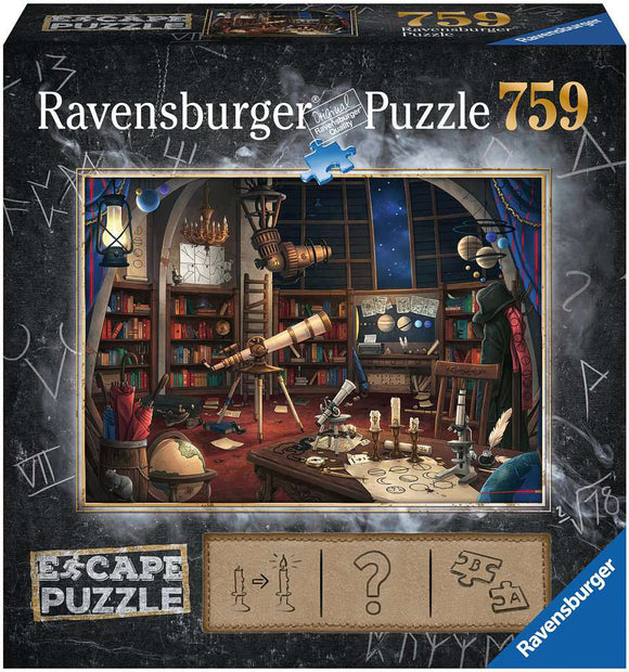 Ravensburger Space Observatory jigsaw puzzle box featuring an intricate illustration of an observatory room filled with telescopes, books, and a globe, accentuated by a starry night sky visible through a large window. The box top displays details about the jigsaw puzzle's unique escape theme, inviting puzzlers to enjoy a captivating challenge.