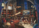 A detailed illustration of a cozy space observatory filled with telescopes, books, and scientific instruments. The decor features a starry sky visible through a large window and shelves lined with colorful books. A globe and assorted curiosities are scattered throughout the room, creating an inviting atmosphere perfect for stargazing and exploration.