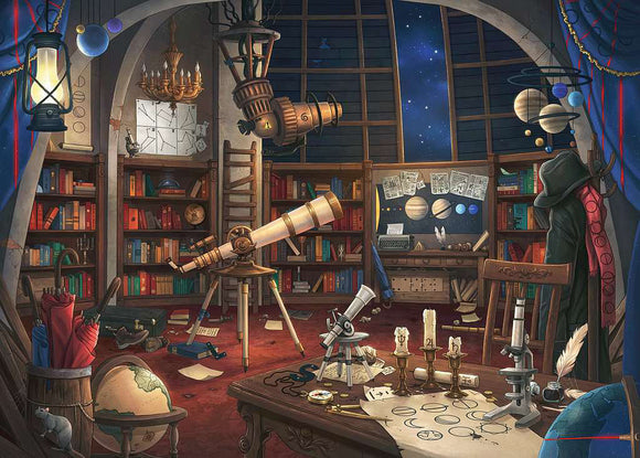 A detailed illustration of a cozy space observatory filled with telescopes, books, and scientific instruments. The decor features a starry sky visible through a large window and shelves lined with colorful books. A globe and assorted curiosities are scattered throughout the room, creating an inviting atmosphere perfect for stargazing and exploration.