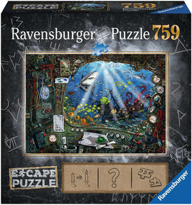 Ravensburger submarine-themed jigsaw puzzle box featuring a colorful underwater scene with sharks, a sunken ship, and vibrant marine life. The box showcases the intricately designed puzzle pieces along with clues for an escape adventure.