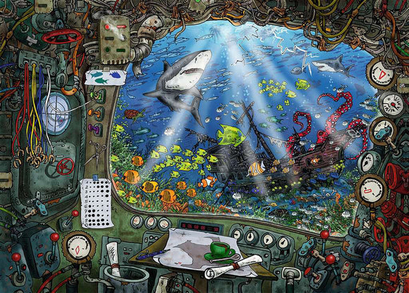 A vibrant jigsaw puzzle depicting an underwater scene viewed from inside a submarine. The scene includes colorful coral reefs, schools of fish, and a sunken pirate ship, along with a shark and an octopus. The submarine's interior is filled with intricate controls, wires, and a table with a green cup and papers, creating a whimsical, adventurous atmosphere.