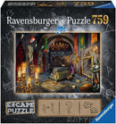 Vampire's Castle jigsaw puzzle by Ravensburger featuring a mysterious interior scene with flickering candles, a grand tomb, and medieval banners. The artwork is rich in detail, presenting an eerie yet captivating atmosphere, perfect for puzzle enthusiasts. Includes hints for solving the escape puzzle challenge.