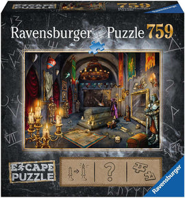 Vampire's Castle jigsaw puzzle by Ravensburger featuring a mysterious interior scene with flickering candles, a grand tomb, and medieval banners. The artwork is rich in detail, presenting an eerie yet captivating atmosphere, perfect for puzzle enthusiasts. Includes hints for solving the escape puzzle challenge.