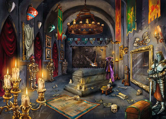 The Vampire's Castle jigsaw puzzle by Ravensburger showcases a dark, eerie interior of a castle with flickering candles illuminating the stone walls. The scene features armored knights, heraldic shields, and dark draping fabrics. A mysterious figure in a purple cloak stands beside a stone sarcophagus, with bats and hidden treasures adding to the mystique. This intricately designed puzzle invites puzzlers into a world of adventure and suspense.