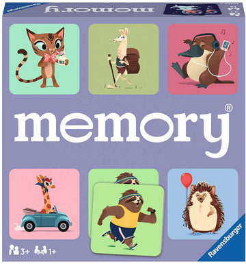 Memory Wild World of Animals game by Ravensburger featuring cute cartoon animal characters like a cat, llama, platypus, giraffe, sloth, and hedgehog. This game promotes memory skills and is suitable for ages 3 and up, encouraging family fun.