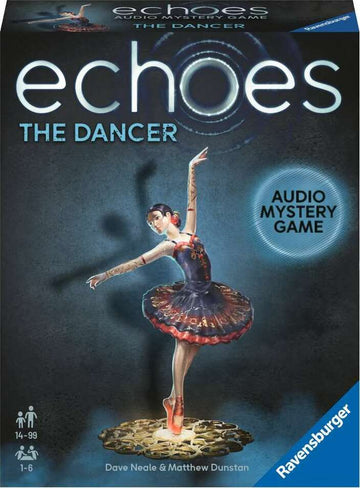 Echoes: The Dancer, an audio mystery game by Ravensburger, features a beautifully designed box showcasing a ballerina in an elegant pose, surrounded by intricate gears. It is suitable for ages 14 and up, accommodating 1 to 6 players, and is created by designers Dave Neale and Matthew Dunstan.