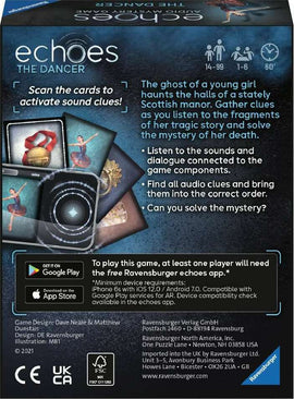 Echoes: The Dancer is an interactive mystery game by Ravensburger featuring sound clues activated by scanning cards. Players delve into the story of a young girl's ghost in a Scottish manor, gathering clues and piecing together the tragic tale of her death. Ideal for ages 14 and up, it accommodates 1 to 6 players and incorporates audio elements for an immersive experience.