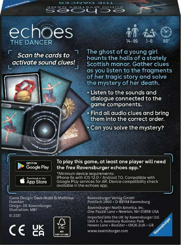 Echoes: The Dancer is an interactive mystery game by Ravensburger featuring sound clues activated by scanning cards. Players delve into the story of a young girl's ghost in a Scottish manor, gathering clues and piecing together the tragic tale of her death. Ideal for ages 14 and up, it accommodates 1 to 6 players and incorporates audio elements for an immersive experience.