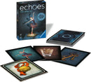 Echoes: The Dancer game by Ravensburger, featuring a box with a ballerina on the cover. Surrounding the box are illustrated game cards depicting a medal, keys, and a glass, all related to the audio mystery theme.