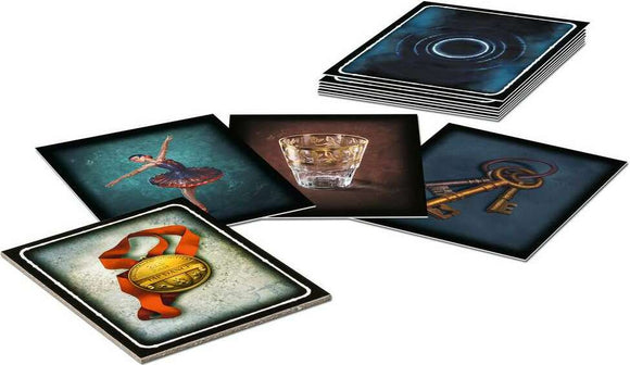 Echoes: The Dancer game by Ravensburger. The image displays various game cards featuring a ballerina, a glass, a medal, and keys. The design emphasizes engaging artwork and themes related to performance and achievement.