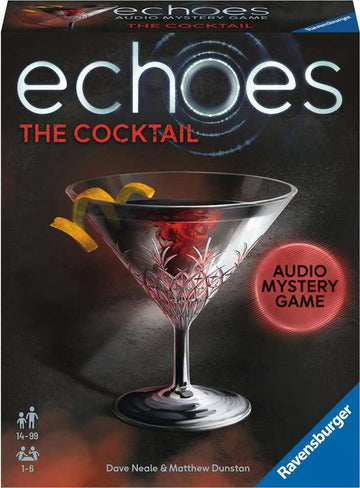 Echoes: The Cocktail by Ravensburger is an audio mystery game featuring a sleek cocktail glass with a vibrant red garnish and a twist of lemon. The box design emphasizes an immersive audio experience, suitable for 1-6 players aged 14 and up.