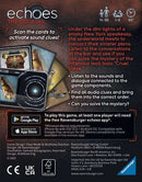 Echoes: The Cocktail board game by Ravensburger features an intriguing design showcasing a New York speakeasy theme. The back of the game box highlights gameplay elements including scanning cards to activate sound clues, listening to dialogues, and solving the mystery of mob boss 'Cruel Steve'. It requires at least one player to use the Ravensburger Echoes app and is suitable for ages 14 to 99. The packaging indicates it is designed for 1-6 players.