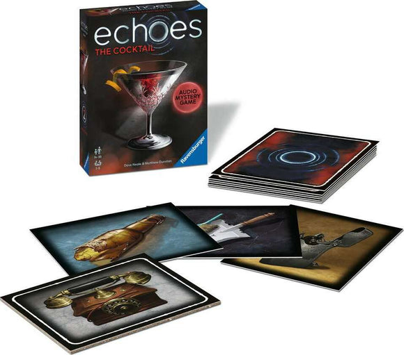 Echoes: The Cocktail game box featuring a cocktail glass on the cover. The game includes various mystery-themed cards, displaying items like an old telephone, a broken bottle, and a guitar, all designed to enhance the gameplay experience.